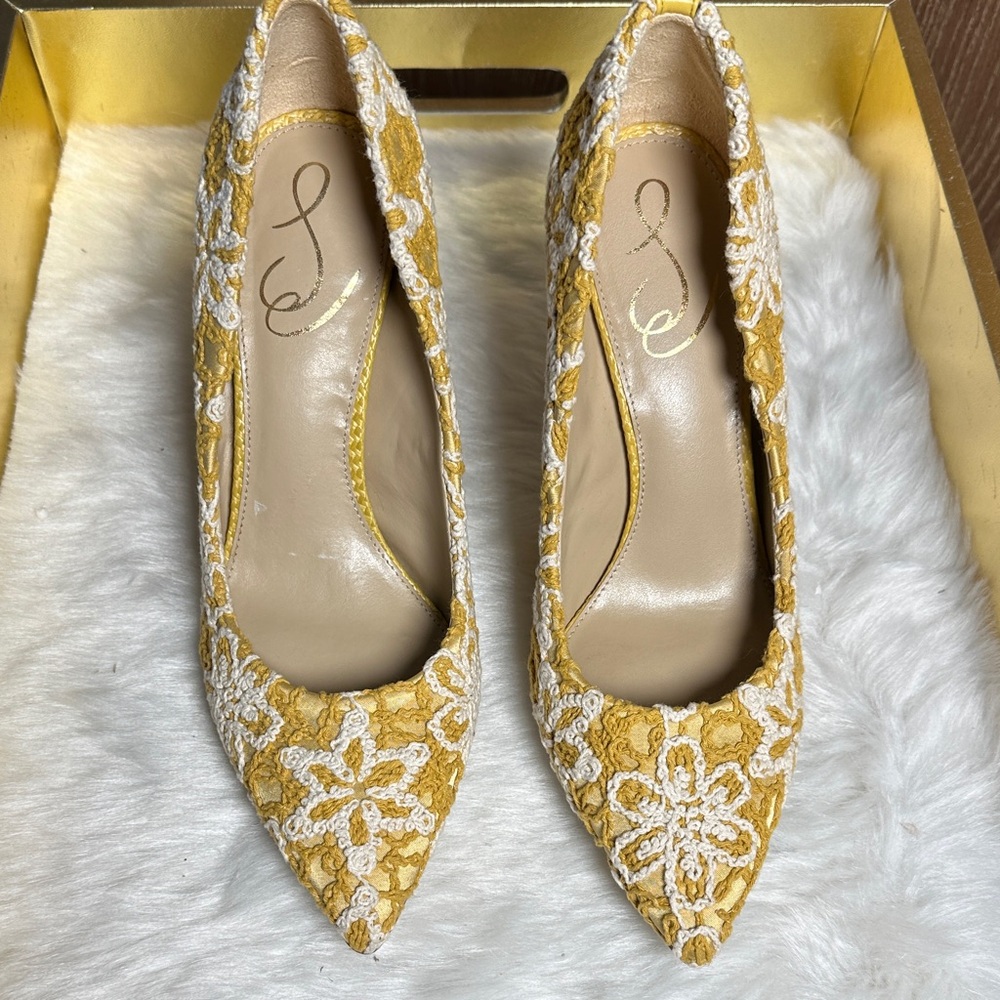 Sam Edelman Mustard and Cream Floral Heels